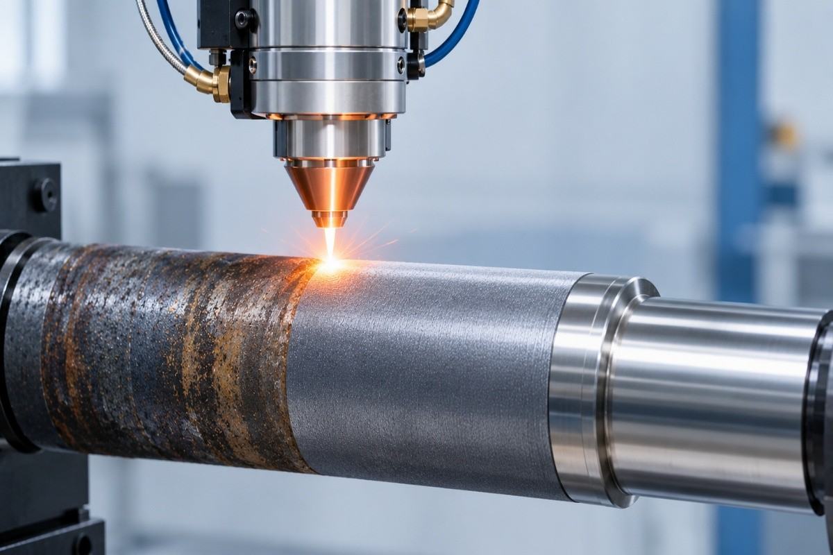 Laser cladding process applying a protective metal layer to a worn industrial steel shaft.